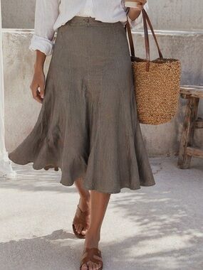 A.M.I Taupe Paneled Flared Panel denim Skirt Size 12 Coastal Cowgirl Euro Summer